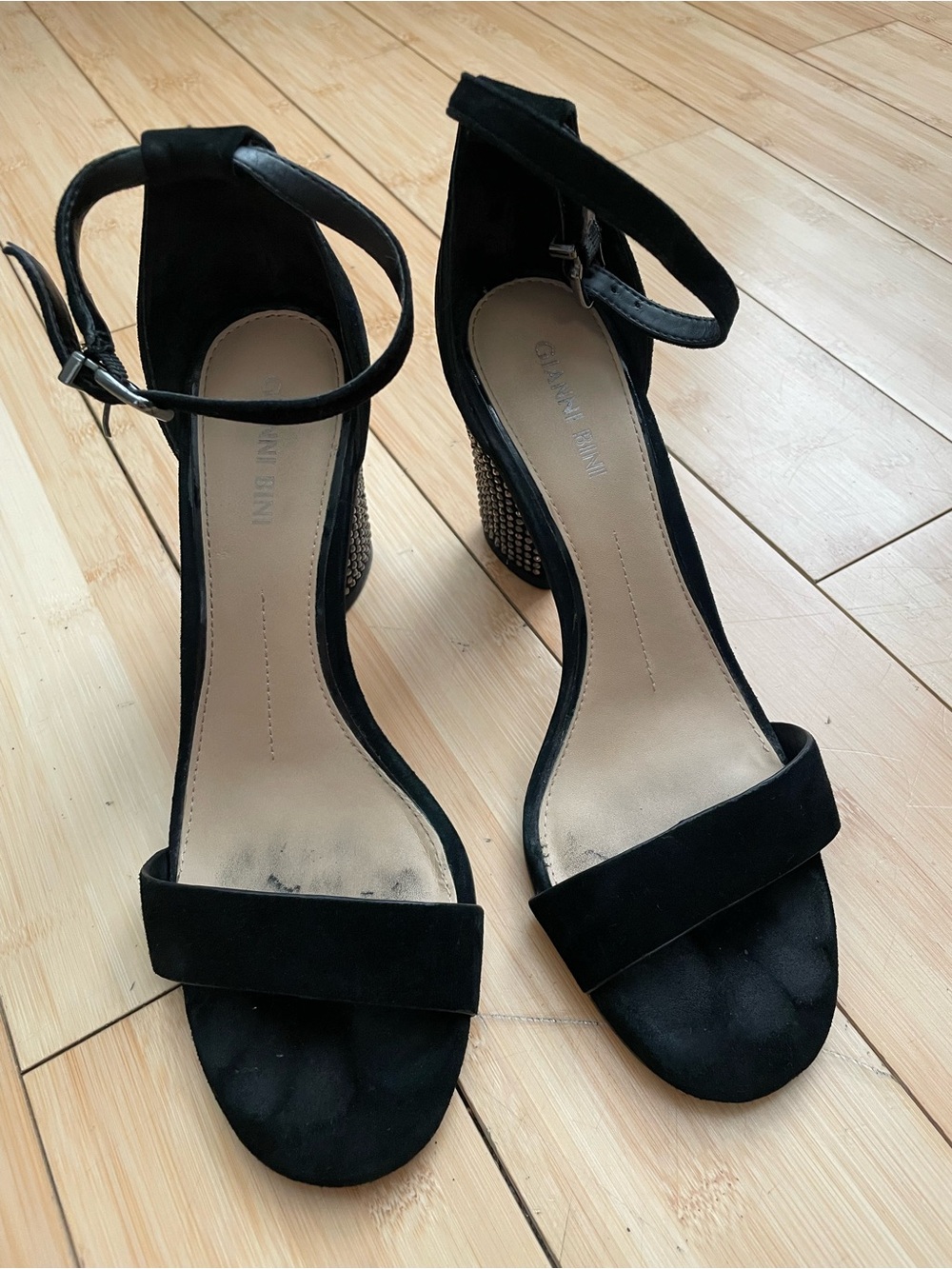 Gianni Bini Black Suede Ankle-Strap Block Heel Sandals with Studded Heel - Picture 2 of 7
